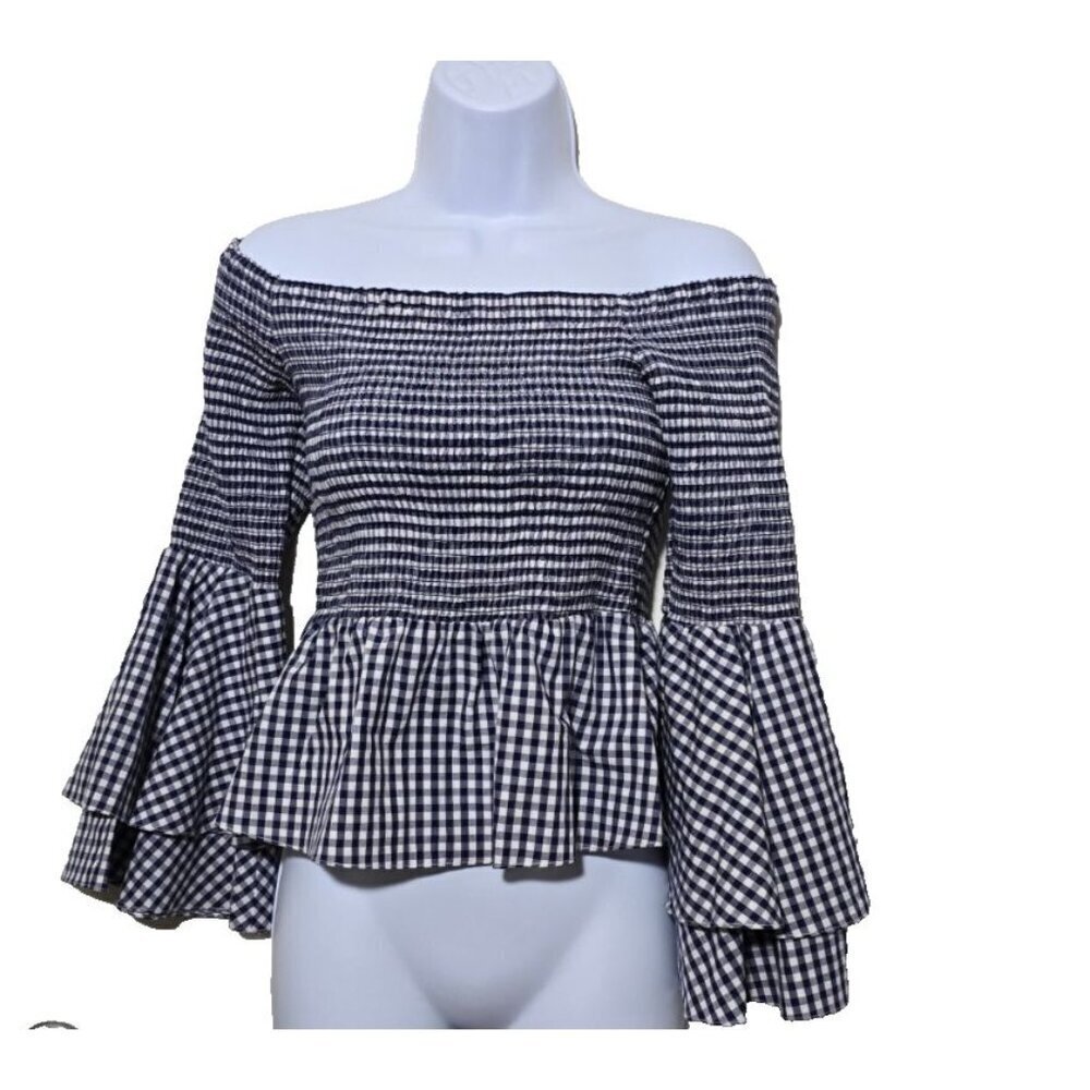 Amanda Uprichard Peplum Top Sz S Plaid Smocked Cottagecore Bell Sleeves Stretch